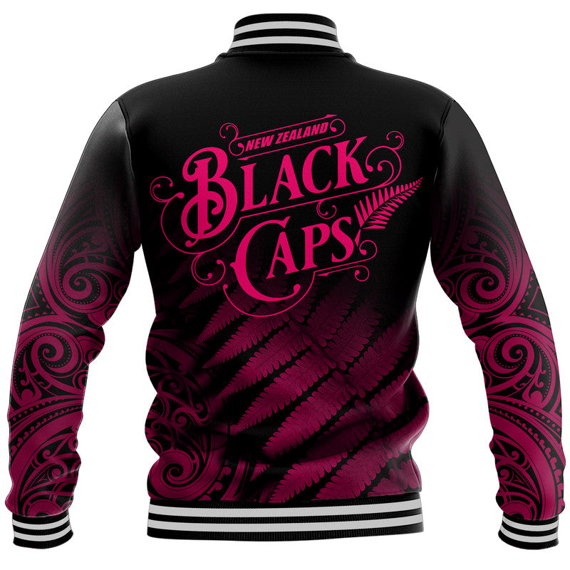 New Zealand Kiwis Cricket Team Baseball Jacket Black Caps Silver Fern Mixed Maori Pattern Version Pink - Vibe Hoodie Shop