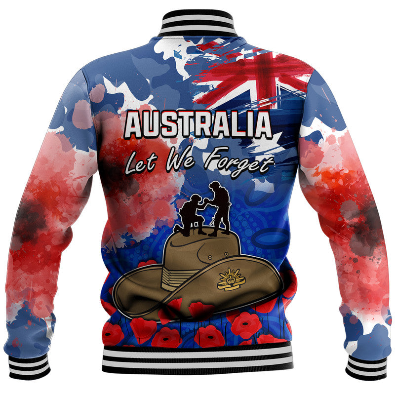 Australia ANZAC Day Baseball Jacket Grunge Australia Flag and Red Poppy - Vibe Hoodie Shop