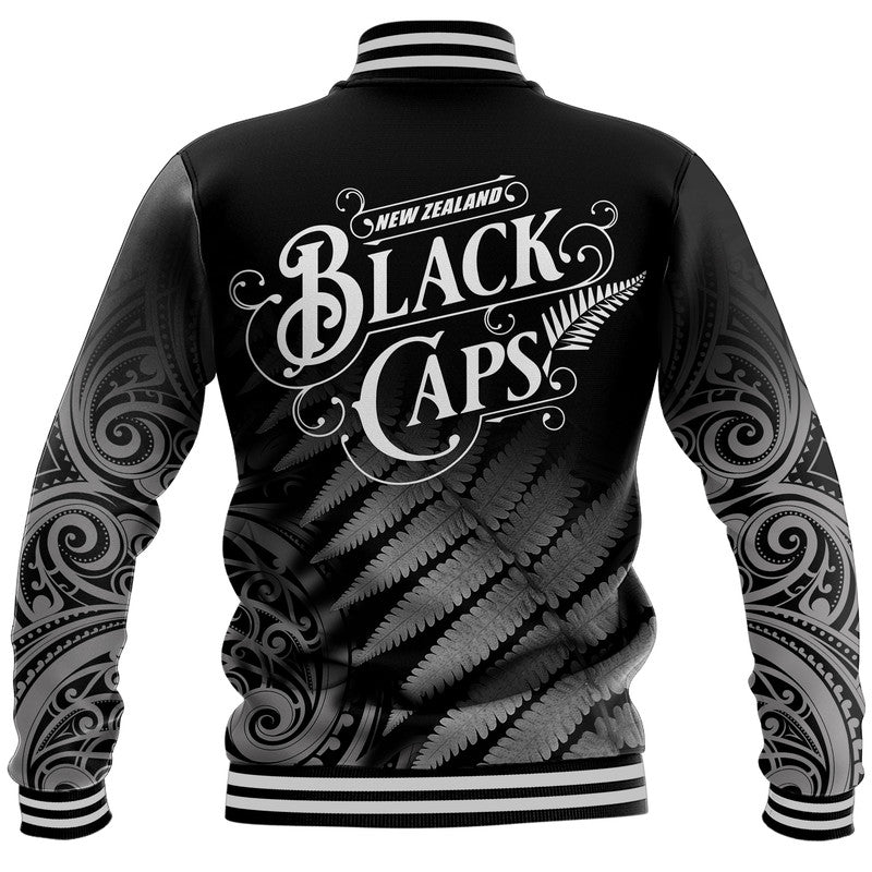 New Zealand Kiwis Cricket Team Baseball Jacket Black Caps Silver Fern Mixed Maori Pattern Version Black - Vibe Hoodie Shop