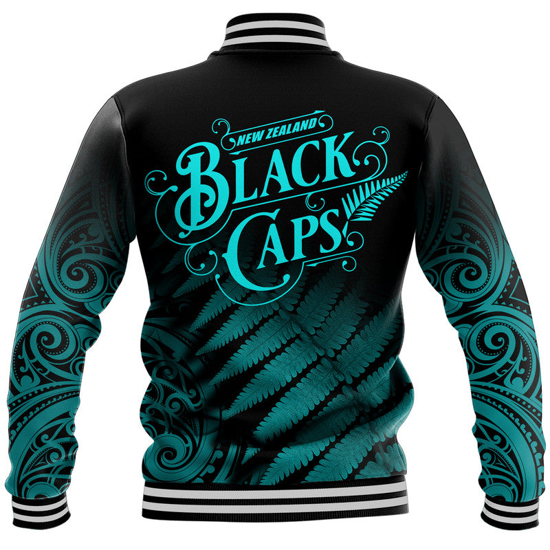 New Zealand Kiwis Cricket Team Baseball Jacket Black Caps Silver Fern Mixed Maori Pattern Version Turquoise - Vibe Hoodie Shop