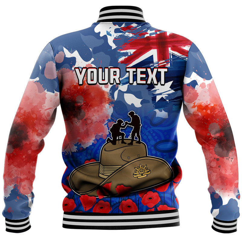 (Custom Personalised) Australia ANZAC Day Baseball Jacket Grunge Australia Flag and Red Poppy - Vibe Hoodie Shop