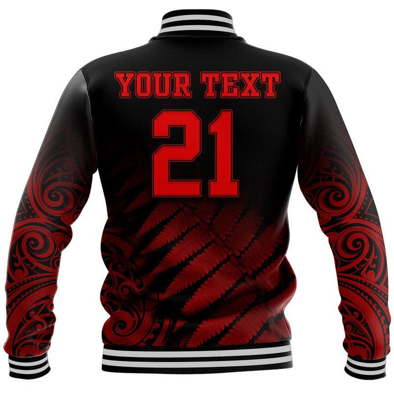 (Custom Personalised) New Zealand Kiwis Cricket Team Baseball Jacket Black Caps Silver Fern Mixed Maori Pattern Version Red - Vibe Hoodie Shop