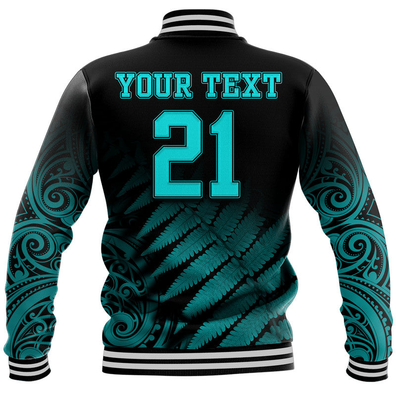 (Custom Personalised) New Zealand Kiwis Cricket Team Baseball Jacket Black Caps Silver Fern Mixed Maori Pattern Version Turquoise - Vibe Hoodie Shop