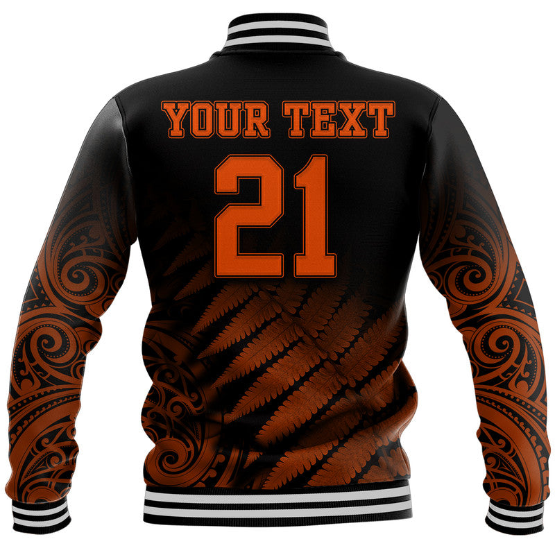 (Custom Personalised) New Zealand Kiwis Cricket Team Baseball Jacket Black Caps Silver Fern Mixed Maori Pattern Version Orange - Vibe Hoodie Shop