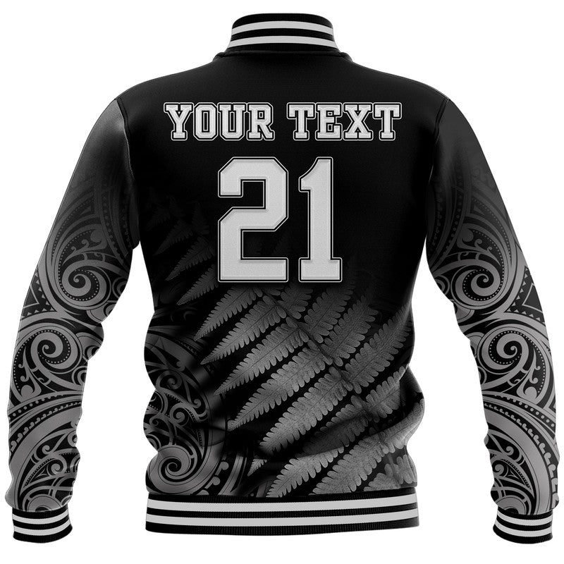 (Custom Personalised) New Zealand Kiwis Cricket Team Baseball Jacket Black Caps Silver Fern Mixed Maori Pattern Version Black - Vibe Hoodie Shop