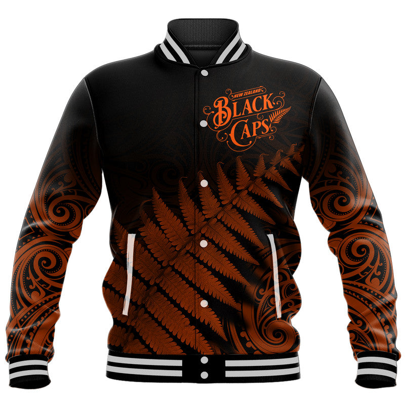 New Zealand Kiwis Cricket Team Baseball Jacket Black Caps Silver Fern Mixed Maori Pattern Version Orange - Vibe Hoodie Shop