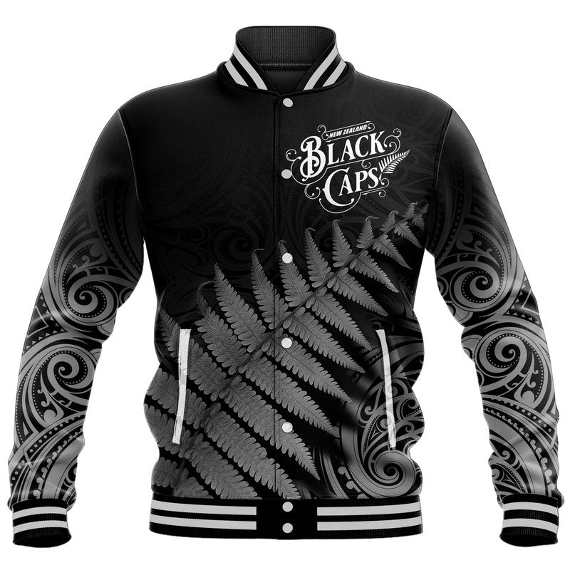 (Custom Personalised) New Zealand Kiwis Cricket Team Baseball Jacket Black Caps Silver Fern Mixed Maori Pattern Version Black - Vibe Hoodie Shop