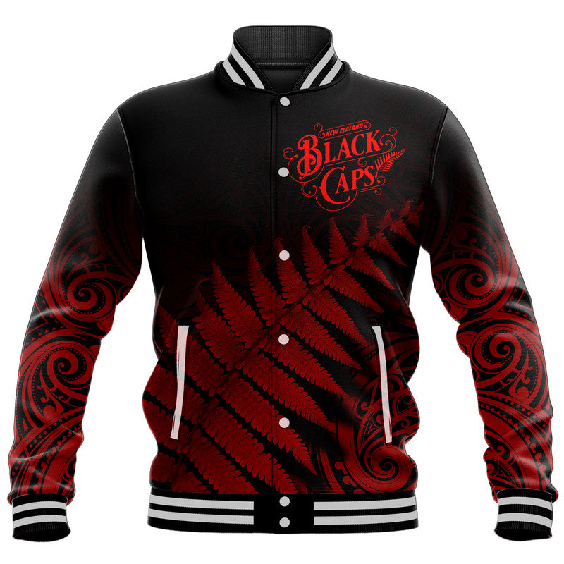 (Custom Personalised) New Zealand Kiwis Cricket Team Baseball Jacket Black Caps Silver Fern Mixed Maori Pattern Version Red - Vibe Hoodie Shop