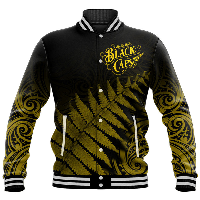 New Zealand Kiwis Cricket Team Baseball Jacket Black Caps Silver Fern Mixed Maori Pattern Version Gold - Vibe Hoodie Shop