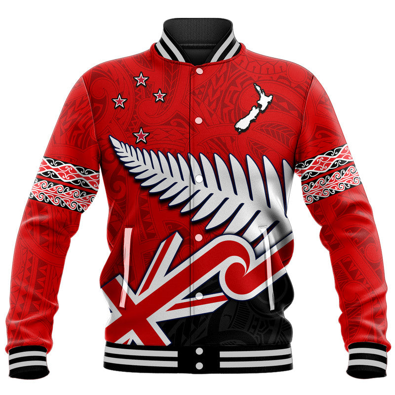 Waitangi Baseball Jacket Aotearoa Tino Rangatiratanga Flag with Silver Fern - Vibe Hoodie Shop