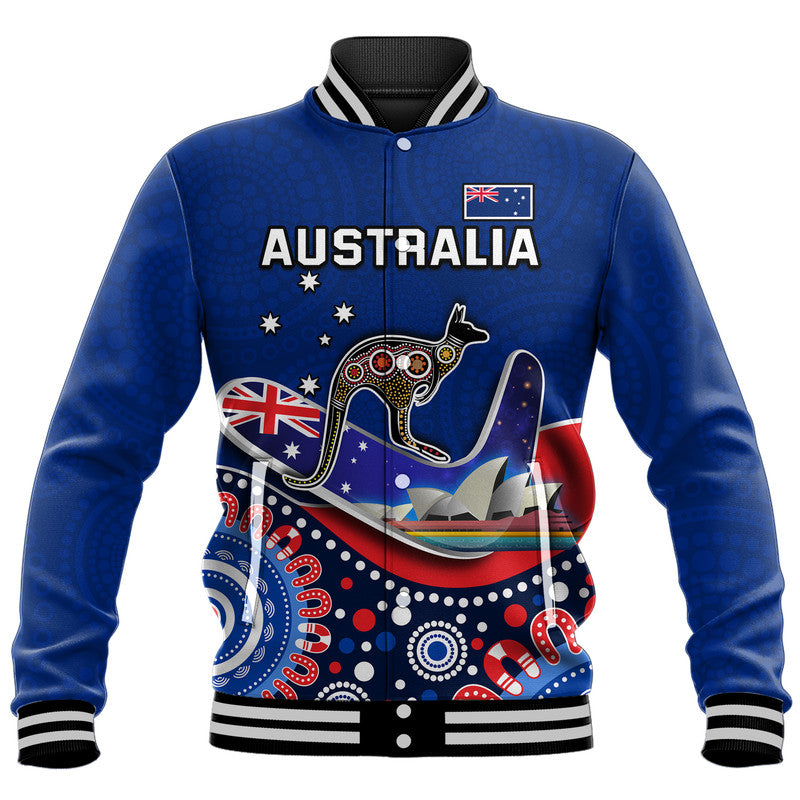 (Custom Personalised) Australia Day Baseball Jacket Indigenous Kangaroo And Boomerang - Vibe Hoodie Shop