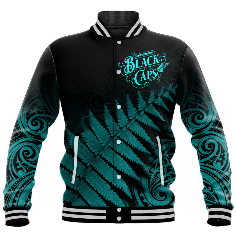 (Custom Personalised) New Zealand Kiwis Cricket Team Baseball Jacket Black Caps Silver Fern Mixed Maori Pattern Version Turquoise - Vibe Hoodie Shop