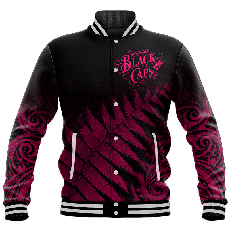 New Zealand Kiwis Cricket Team Baseball Jacket Black Caps Silver Fern Mixed Maori Pattern Version Pink - Vibe Hoodie Shop