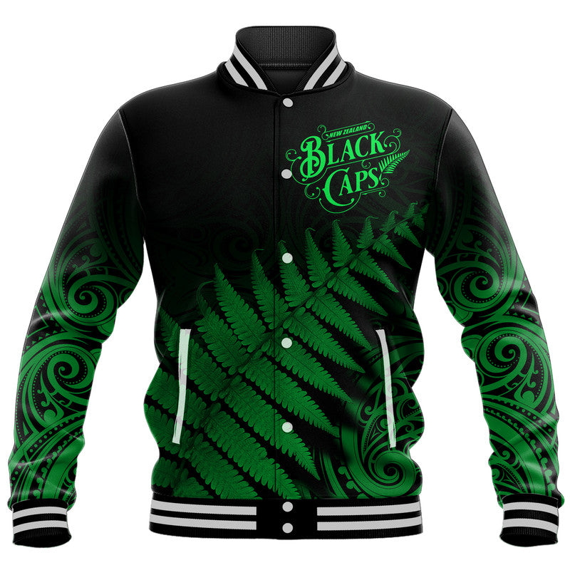 New Zealand Kiwis Cricket Team Baseball Jacket Black Caps Silver Fern Mixed Maori Pattern Version Green - Vibe Hoodie Shop