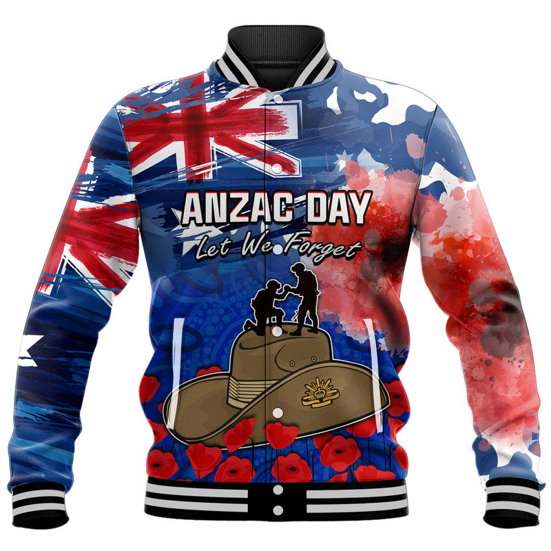 (Custom Personalised) Australia ANZAC Day Baseball Jacket Grunge Australia Flag and Red Poppy - Vibe Hoodie Shop