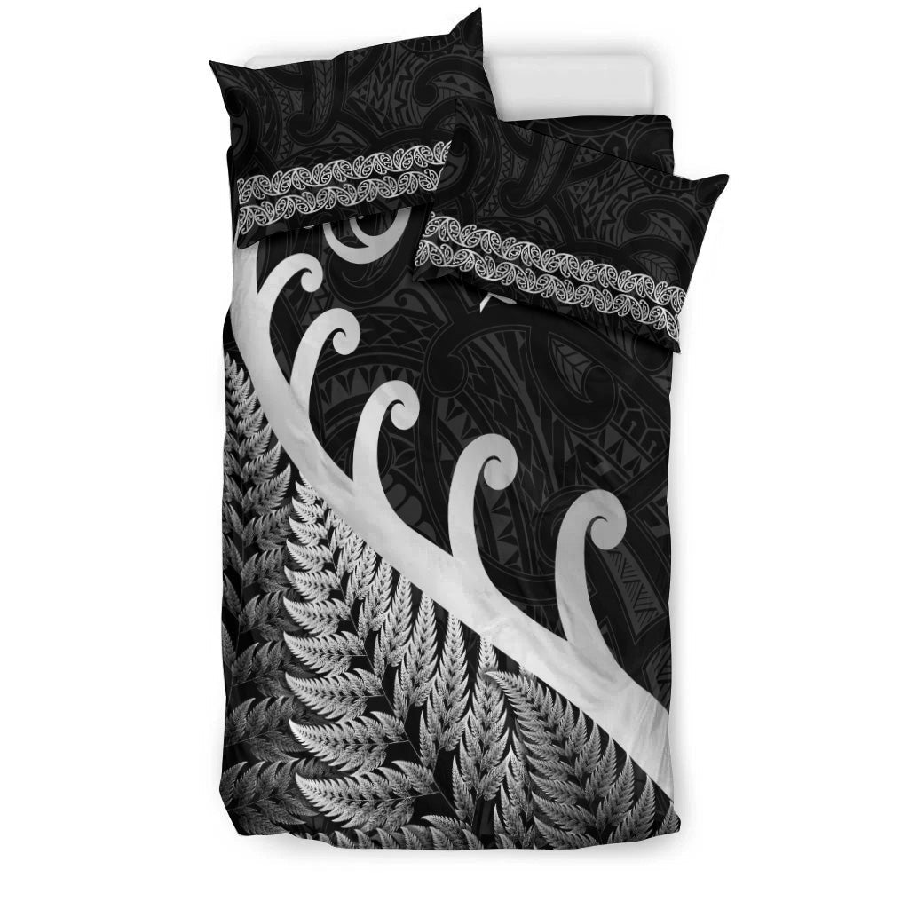 New Zealand Rugby Maori Bedding Set Silver Fern Koru Vibes - Black - Vibe Hoodie Shop