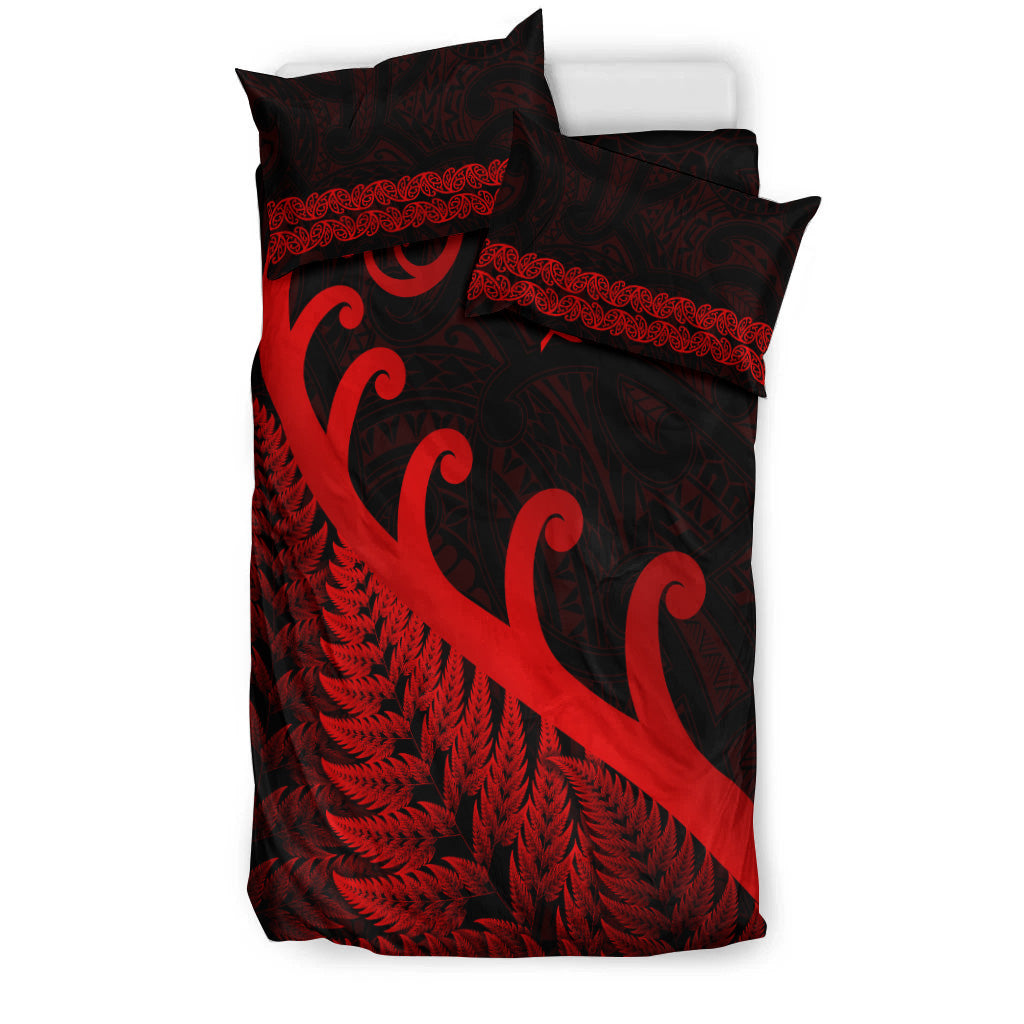 New Zealand Rugby Maori Bedding Set Silver Fern Koru Vibes - Red - Vibe Hoodie Shop