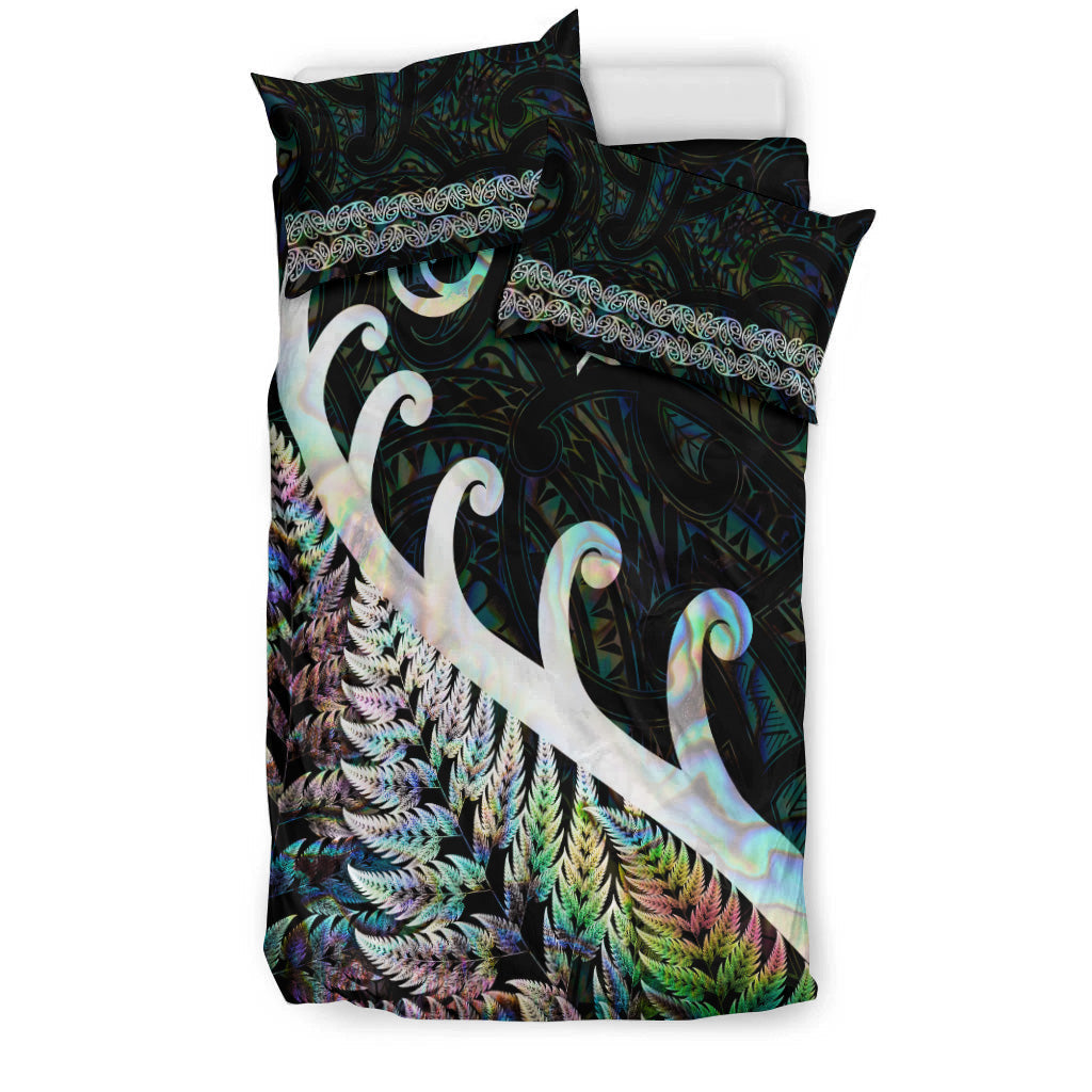 New Zealand Rugby Maori Bedding Set Silver Fern Koru Vibes - Paua Shell - Vibe Hoodie Shop
