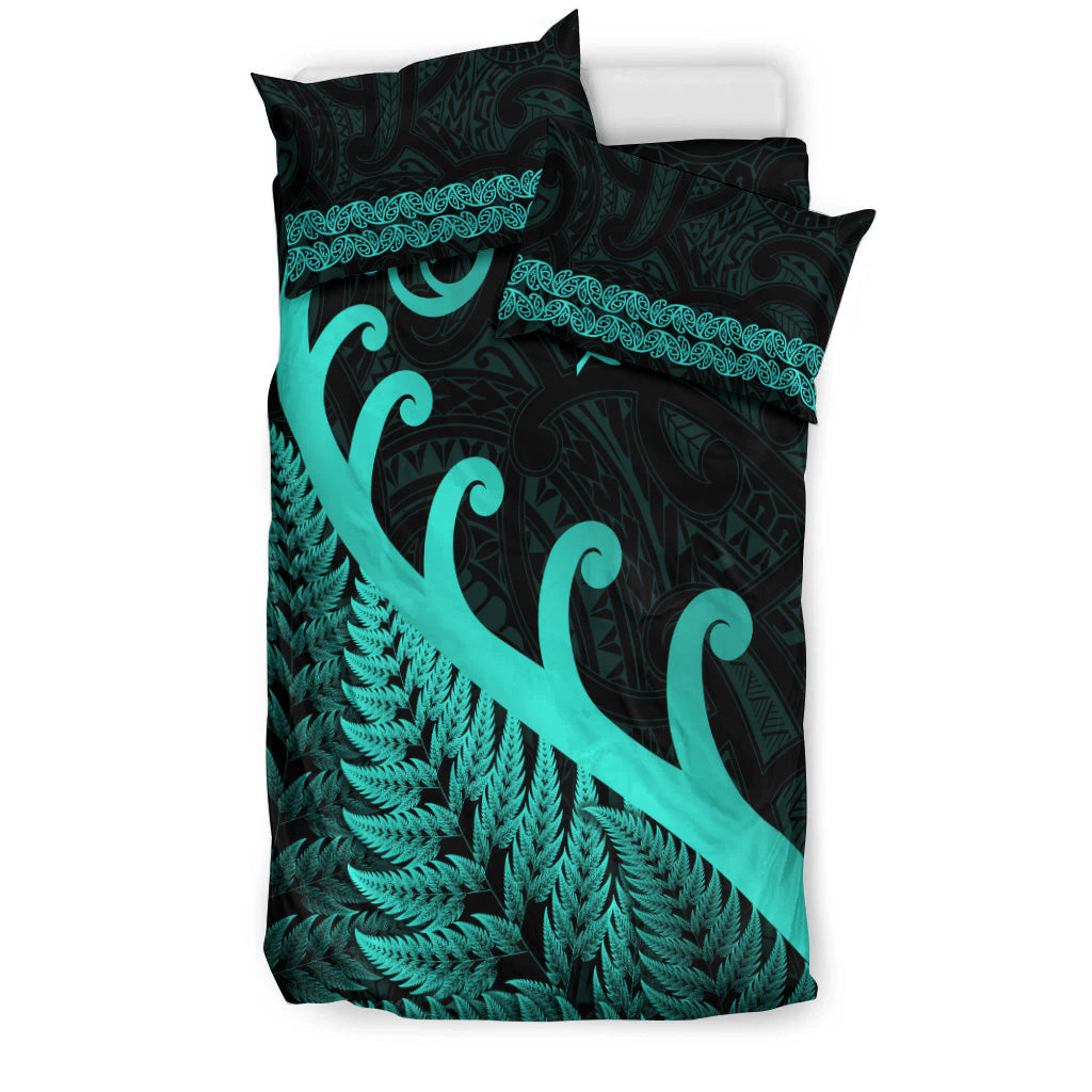 New Zealand Rugby Maori Bedding Set Silver Fern Koru Vibes - Turquoise - Vibe Hoodie Shop
