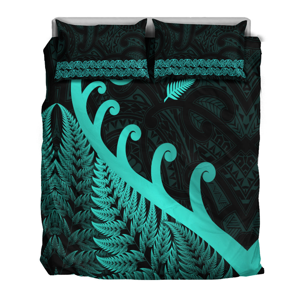 New Zealand Rugby Maori Bedding Set Silver Fern Koru Vibes - Turquoise - Vibe Hoodie Shop