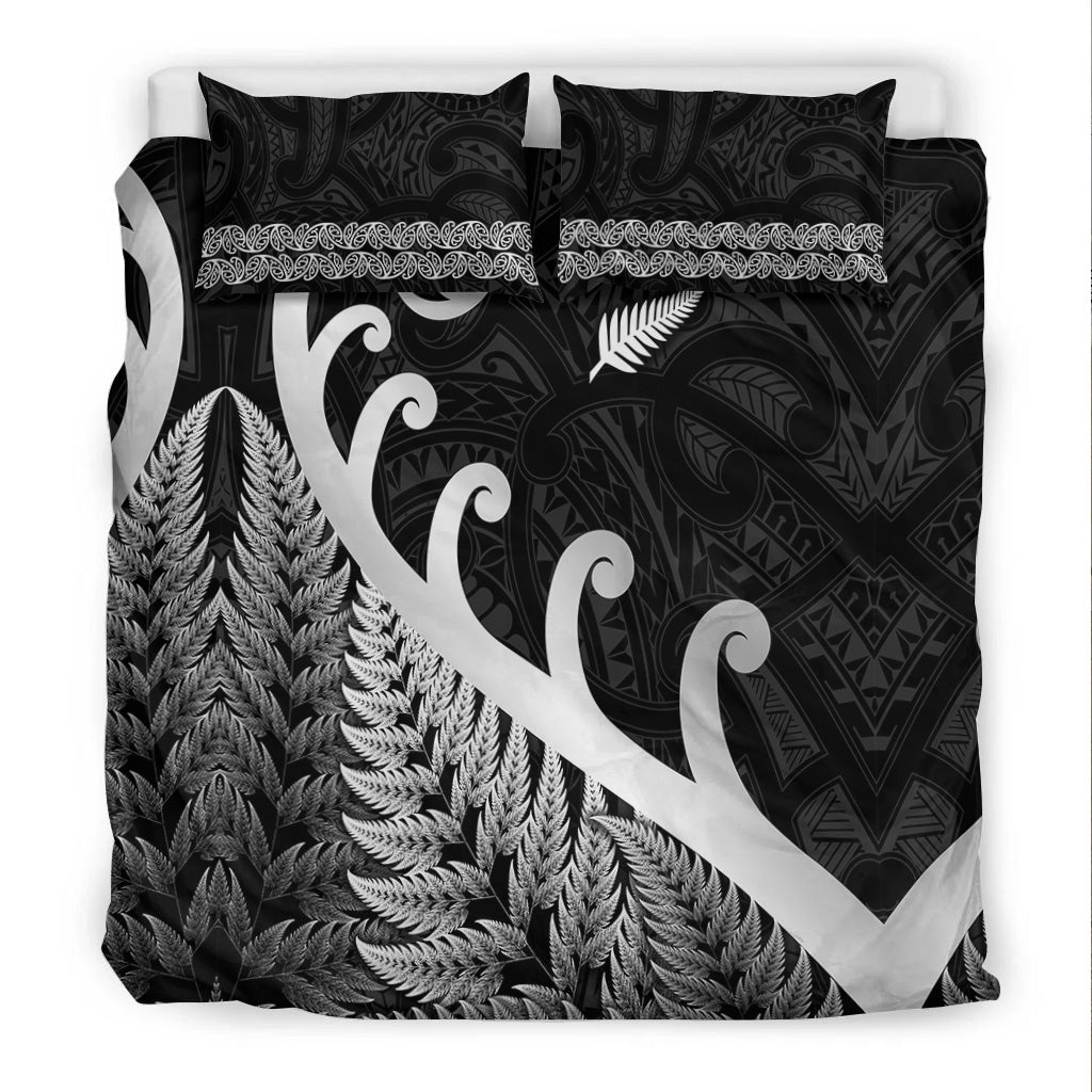 New Zealand Rugby Maori Bedding Set Silver Fern Koru Vibes - Black - Vibe Hoodie Shop