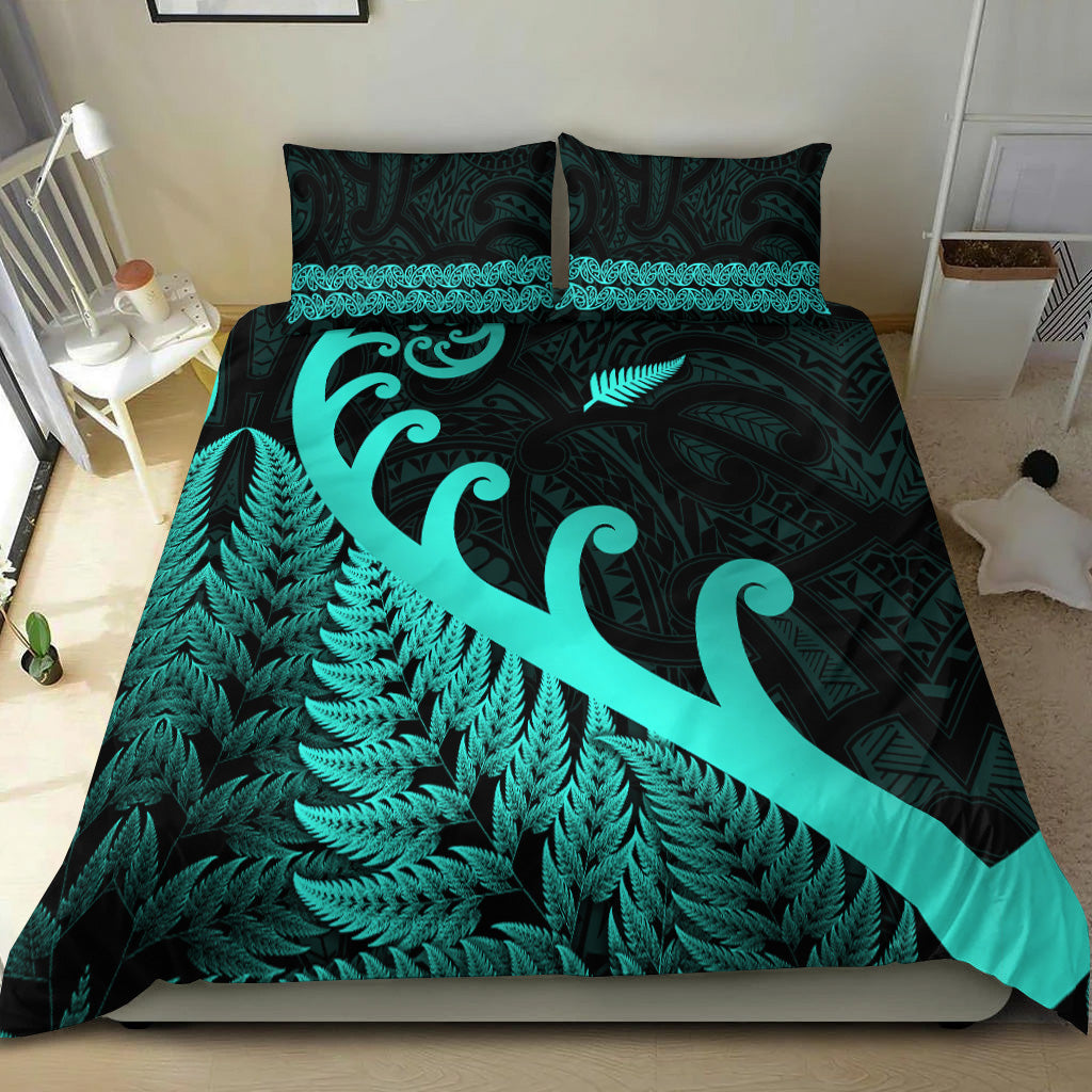 New Zealand Rugby Maori Bedding Set Silver Fern Koru Vibes - Turquoise - Vibe Hoodie Shop