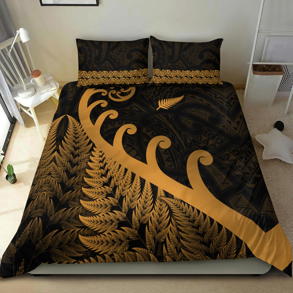 New Zealand Rugby Maori Bedding Set Silver Fern Koru Vibes - Gold - Vibe Hoodie Shop