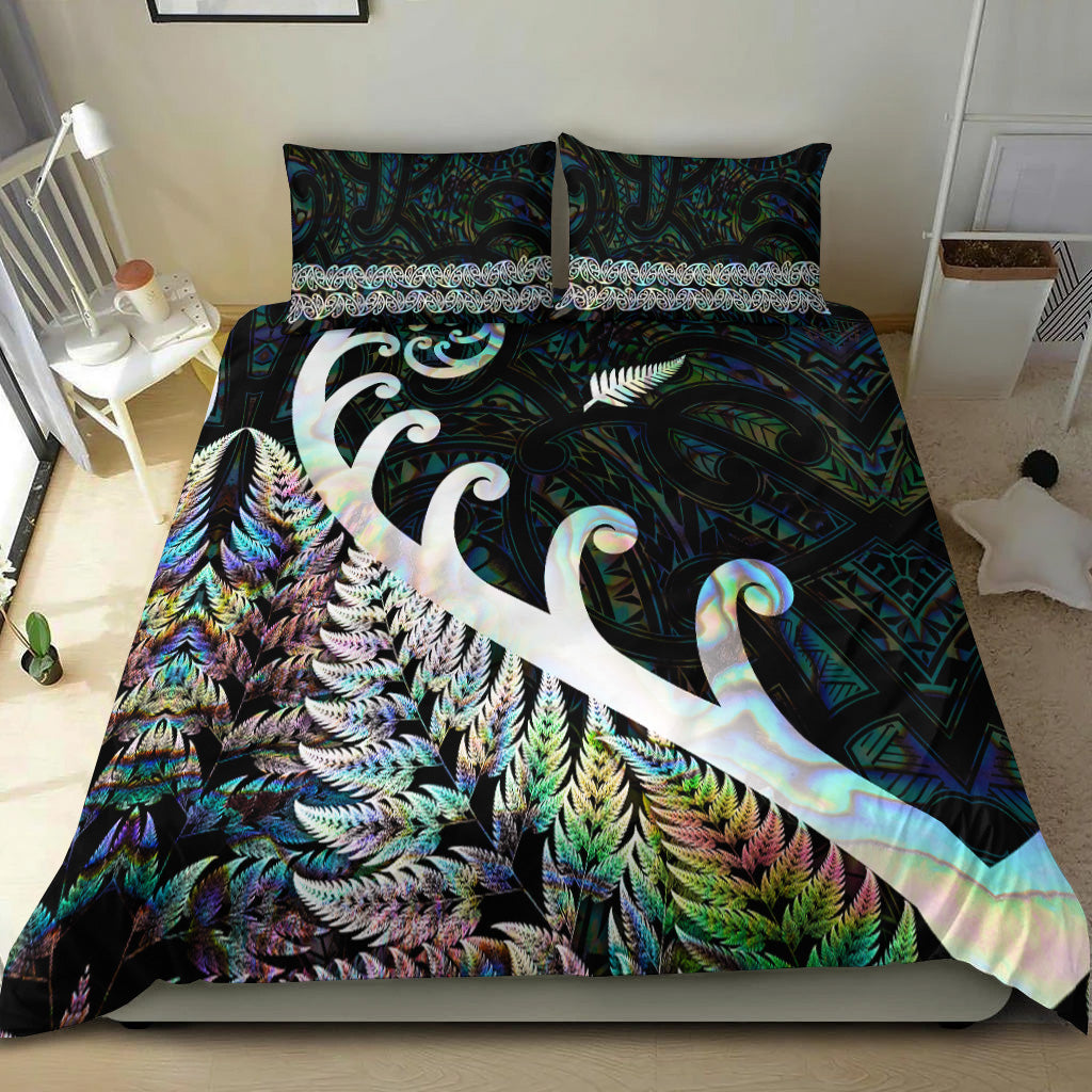 New Zealand Rugby Maori Bedding Set Silver Fern Koru Vibes - Paua Shell - Vibe Hoodie Shop