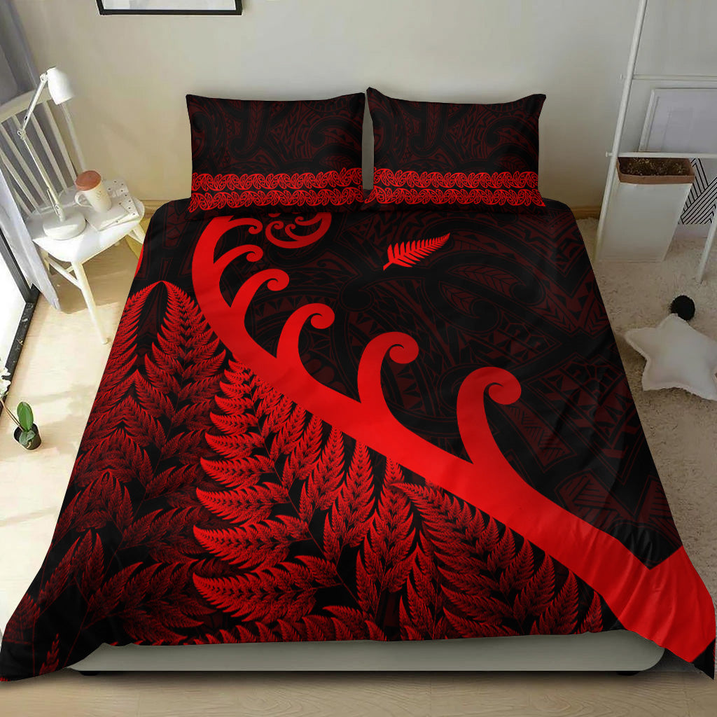 New Zealand Rugby Maori Bedding Set Silver Fern Koru Vibes - Red - Vibe Hoodie Shop