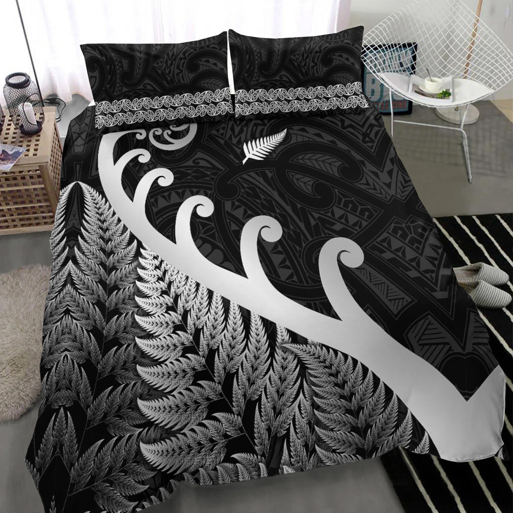 New Zealand Rugby Maori Bedding Set Silver Fern Koru Vibes - Black - Vibe Hoodie Shop