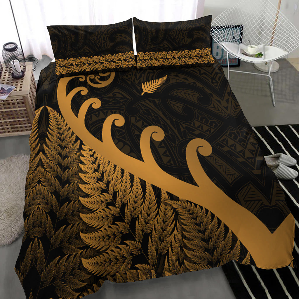 New Zealand Rugby Maori Bedding Set Silver Fern Koru Vibes - Gold - Vibe Hoodie Shop