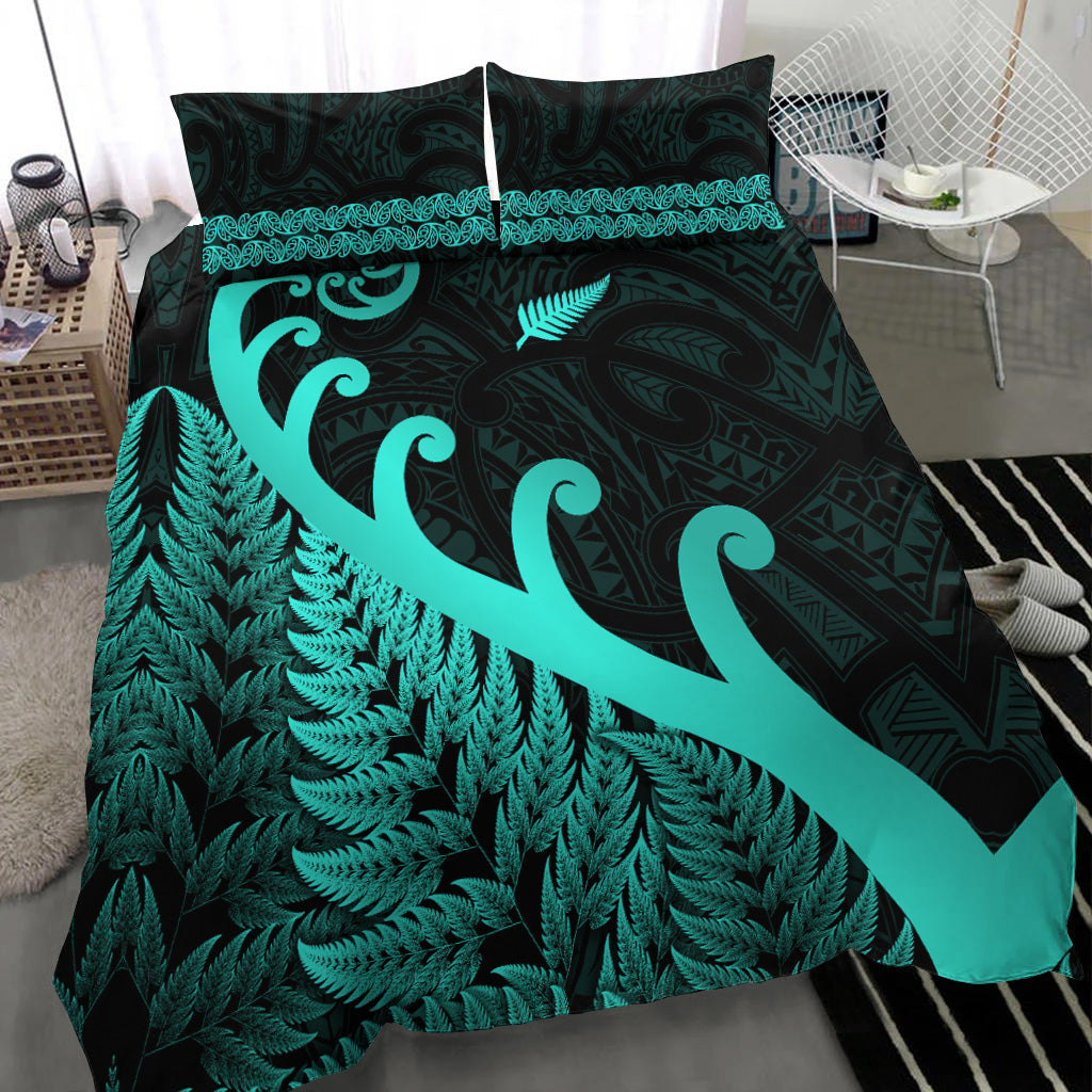 New Zealand Rugby Maori Bedding Set Silver Fern Koru Vibes - Turquoise - Vibe Hoodie Shop
