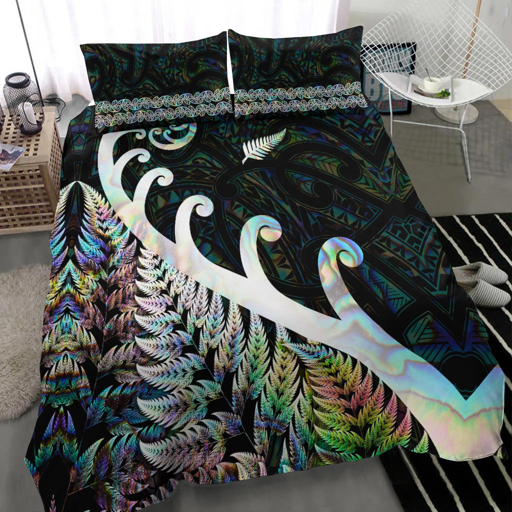 New Zealand Rugby Maori Bedding Set Silver Fern Koru Vibes - Paua Shell - Vibe Hoodie Shop