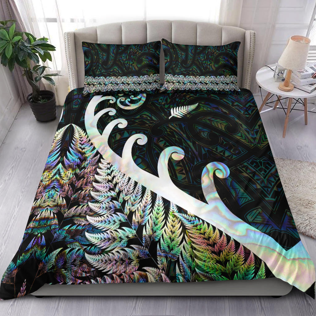 New Zealand Rugby Maori Bedding Set Silver Fern Koru Vibes - Paua Shell - Vibe Hoodie Shop
