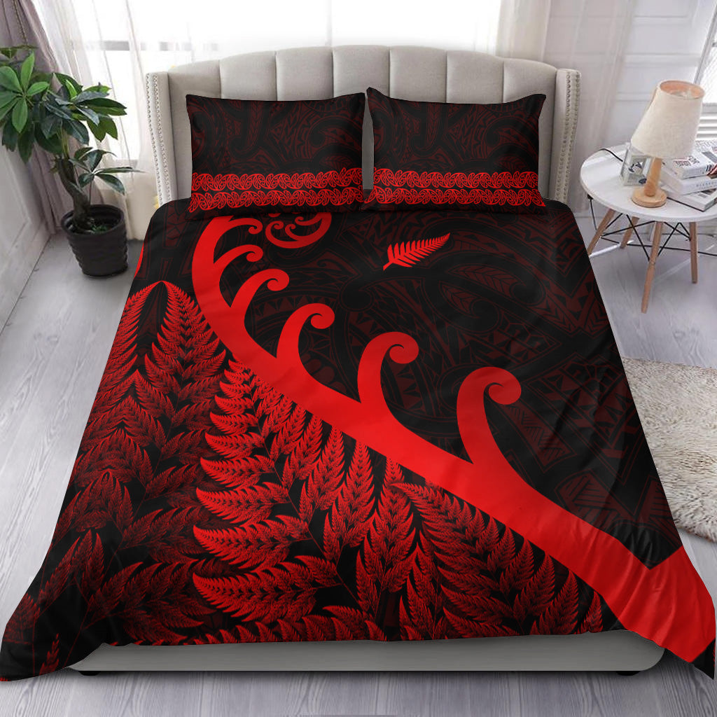 New Zealand Rugby Maori Bedding Set Silver Fern Koru Vibes - Red - Vibe Hoodie Shop