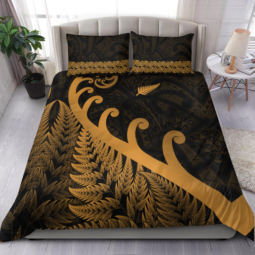 New Zealand Rugby Maori Bedding Set Silver Fern Koru Vibes - Gold - Vibe Hoodie Shop