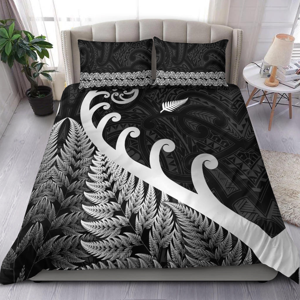 New Zealand Rugby Maori Bedding Set Silver Fern Koru Vibes - Black - Vibe Hoodie Shop