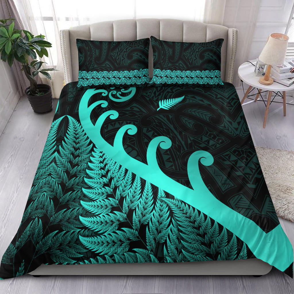 New Zealand Rugby Maori Bedding Set Silver Fern Koru Vibes - Turquoise - Vibe Hoodie Shop