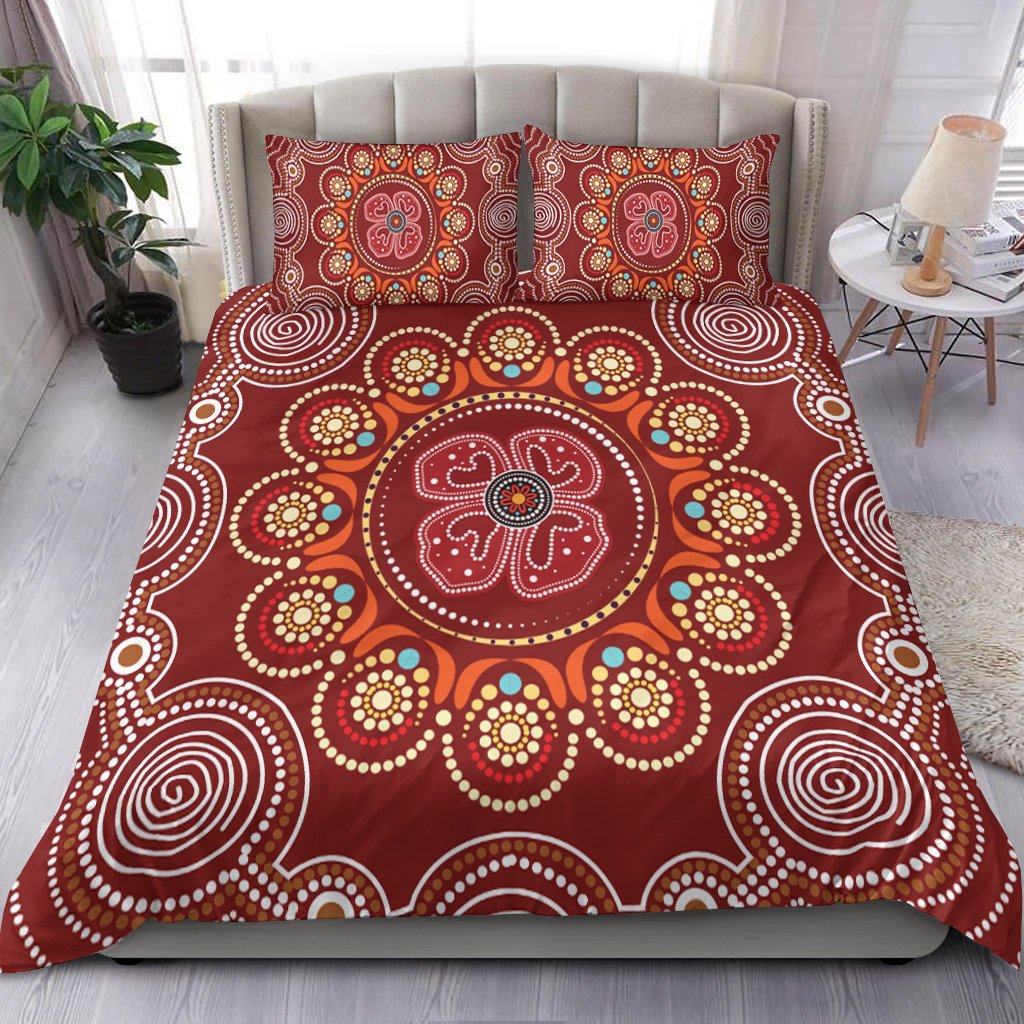 Aboriginal Bedding Set - Aboriginal Dot Art Painting With Red Poppy Flower - Vibe Hoodie Shop