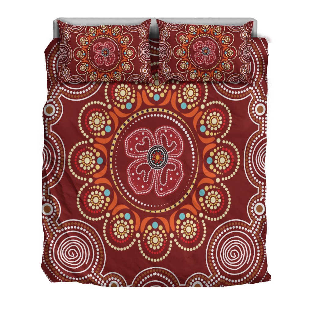 Aboriginal Bedding Set - Aboriginal Dot Art Painting With Red Poppy Flower - Vibe Hoodie Shop