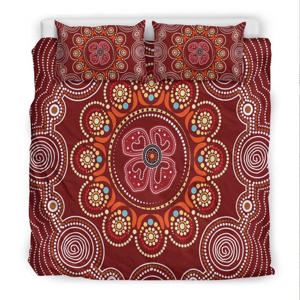 Aboriginal Bedding Set - Aboriginal Dot Art Painting With Red Poppy Flower - Vibe Hoodie Shop