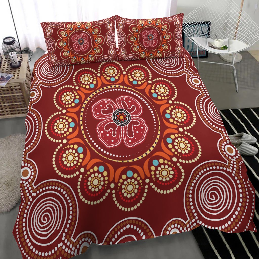 Aboriginal Bedding Set - Aboriginal Dot Art Painting With Red Poppy Flower - Vibe Hoodie Shop