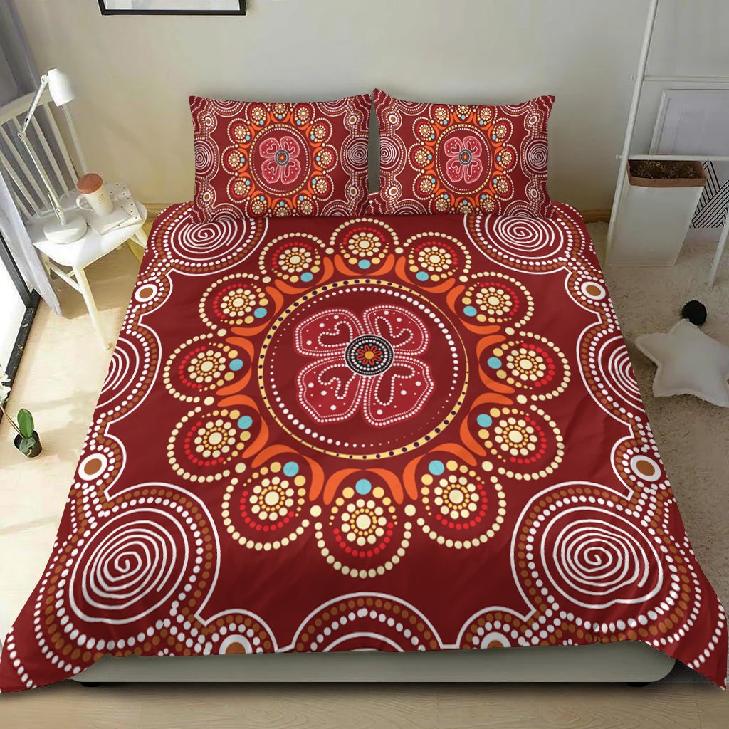 Aboriginal Bedding Set - Aboriginal Dot Art Painting With Red Poppy Flower - Vibe Hoodie Shop