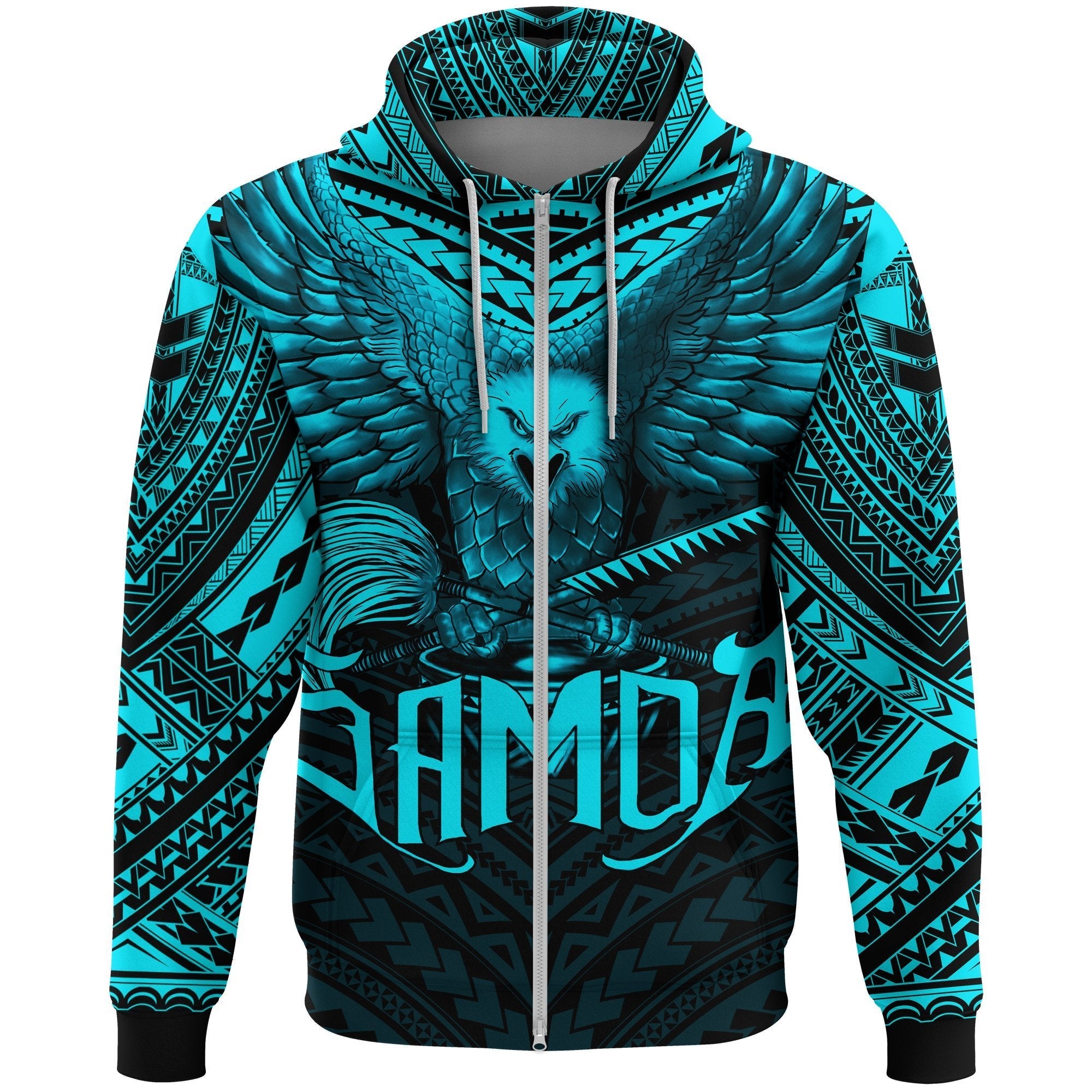 American Samoa Zip Hoodie Eagle Tattoo Style Bleu Clair - Vibe Hoodie Shop