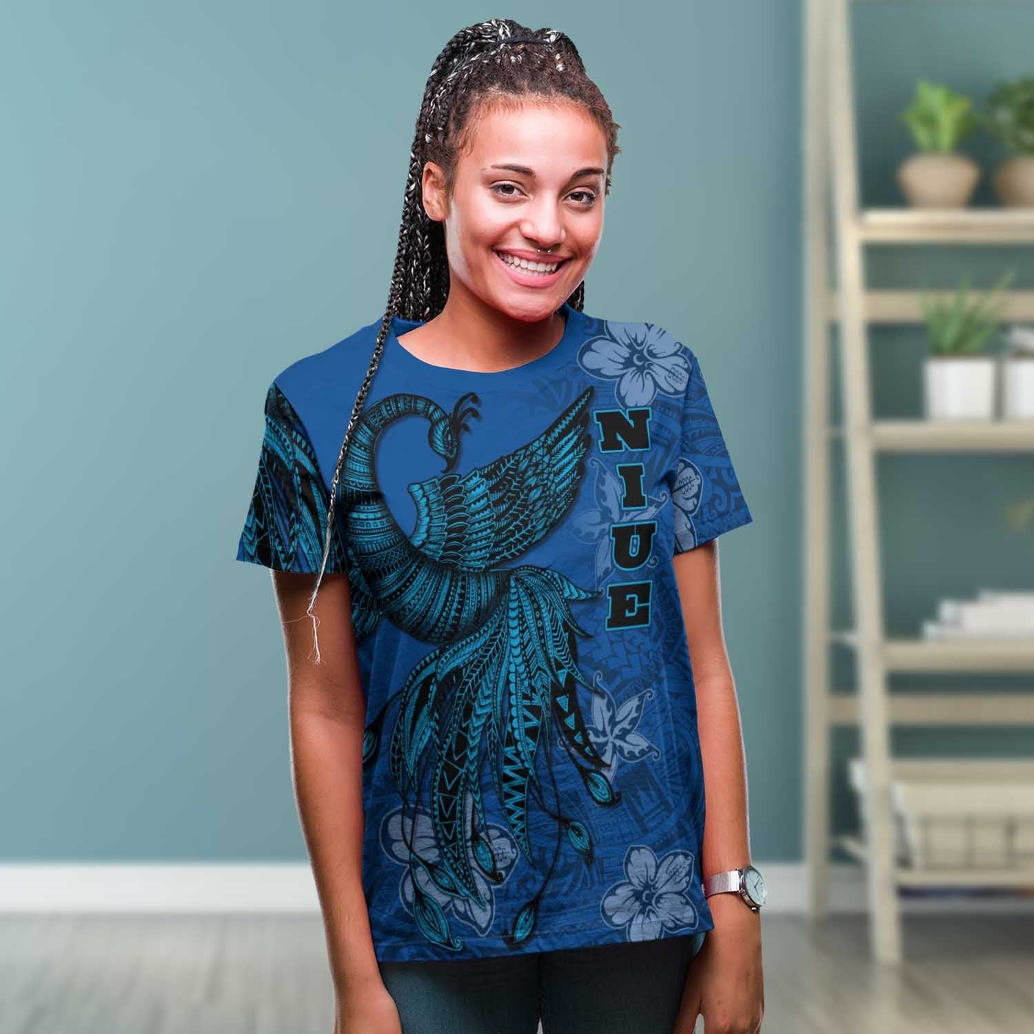 Niue T shirt - Polynesian Phoenix Bird, Fairytales Bird Blue - Vibe Hoodie Shop
