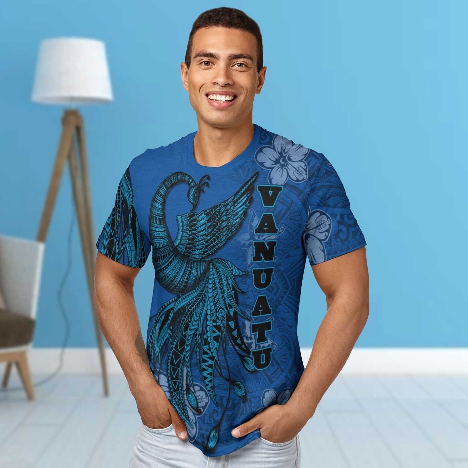 Vanuatu T shirt - Polynesian Phoenix Bird, Fairytales Bird Blue - Vibe Hoodie Shop