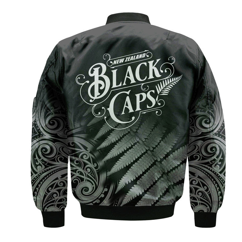 New Zealand Kiwis Cricket Team Bomber Jacket Black Caps Silver Fern Mixed Maori Pattern Version Black - Vibe Hoodie Shop