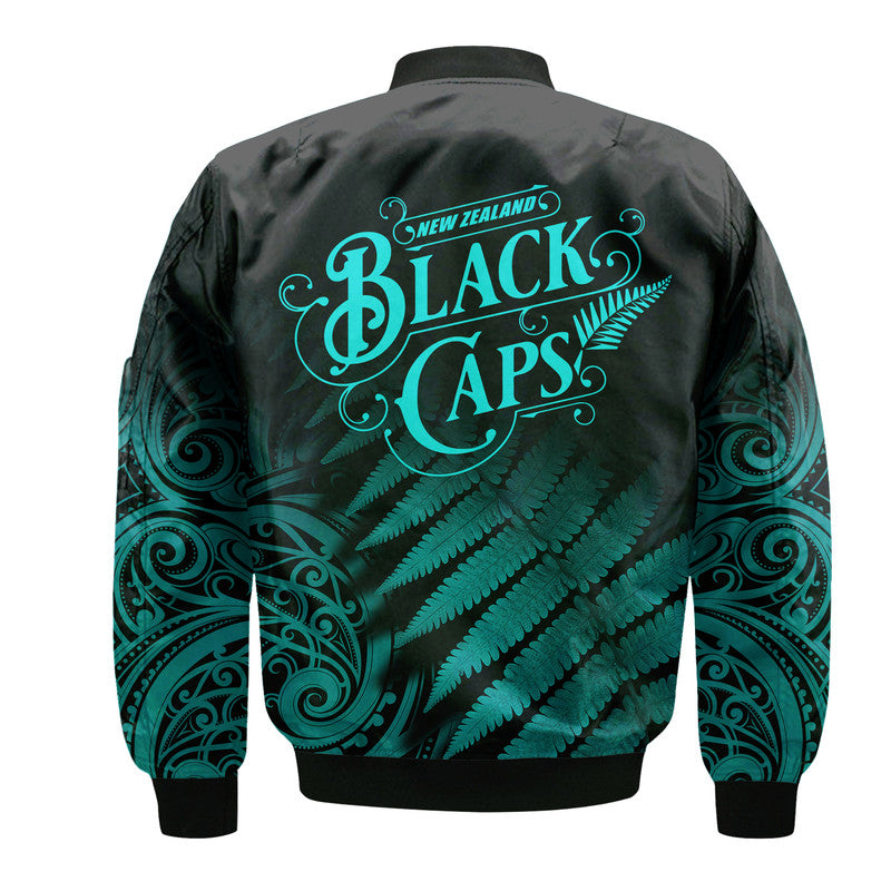 New Zealand Kiwis Cricket Team Bomber Jacket Black Caps Silver Fern Mixed Maori Pattern Version Turquoise - Vibe Hoodie Shop