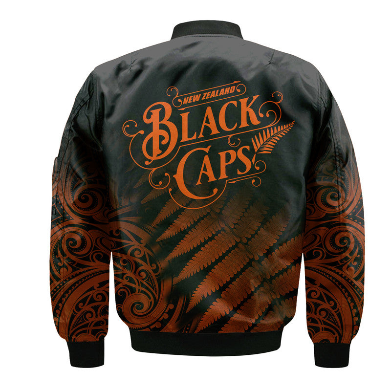 New Zealand Kiwis Cricket Team Bomber Jacket Black Caps Silver Fern Mixed Maori Pattern Version Orange - Vibe Hoodie Shop