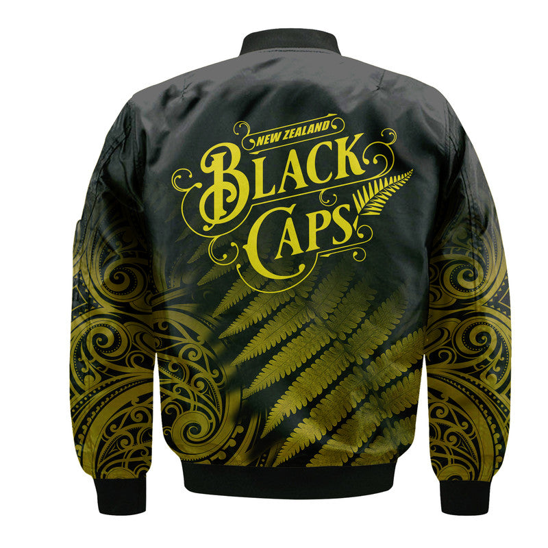New Zealand Kiwis Cricket Team Bomber Jacket Black Caps Silver Fern Mixed Maori Pattern Version Gold - Vibe Hoodie Shop